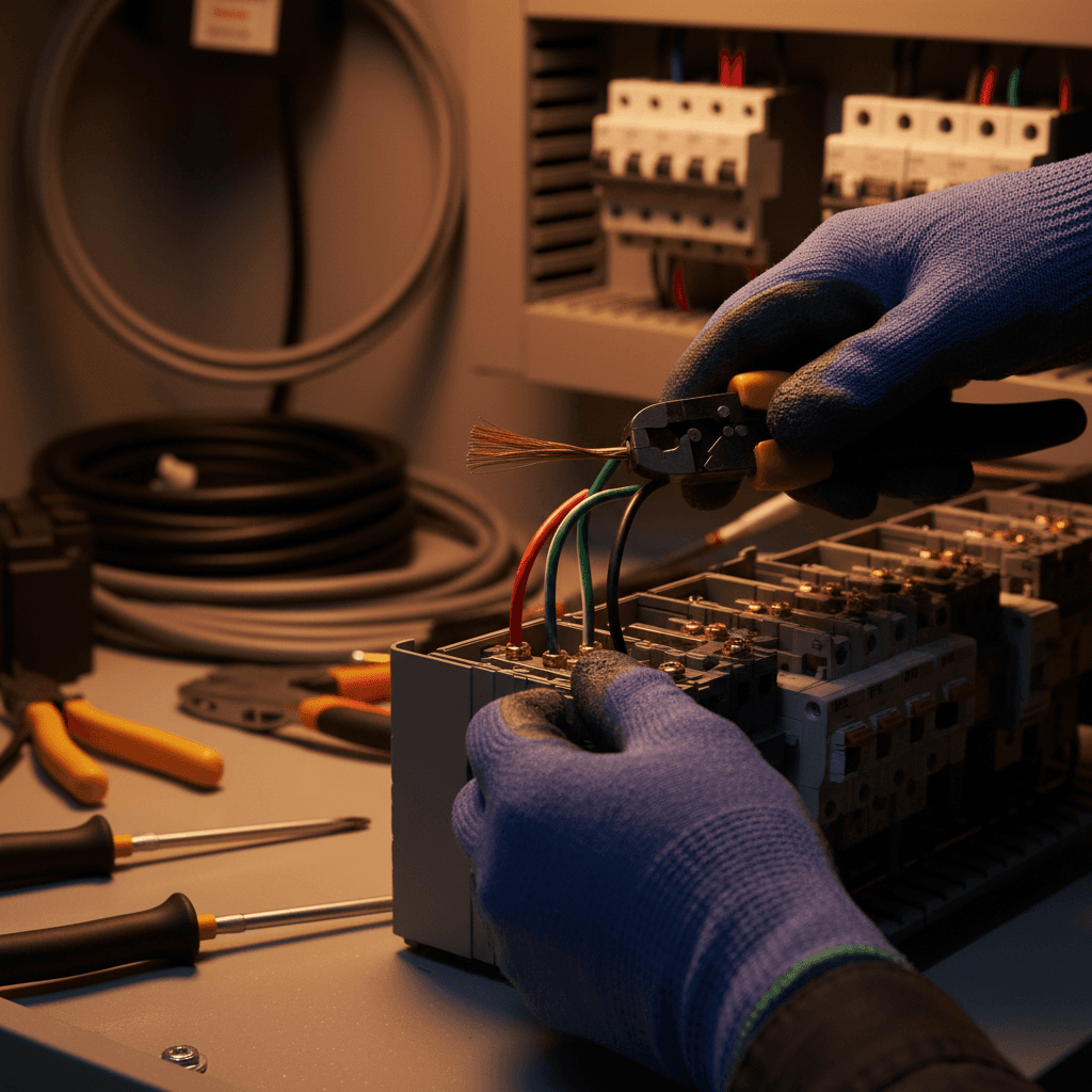 An electrician's hands securing a wire connection in a residential electrical panel