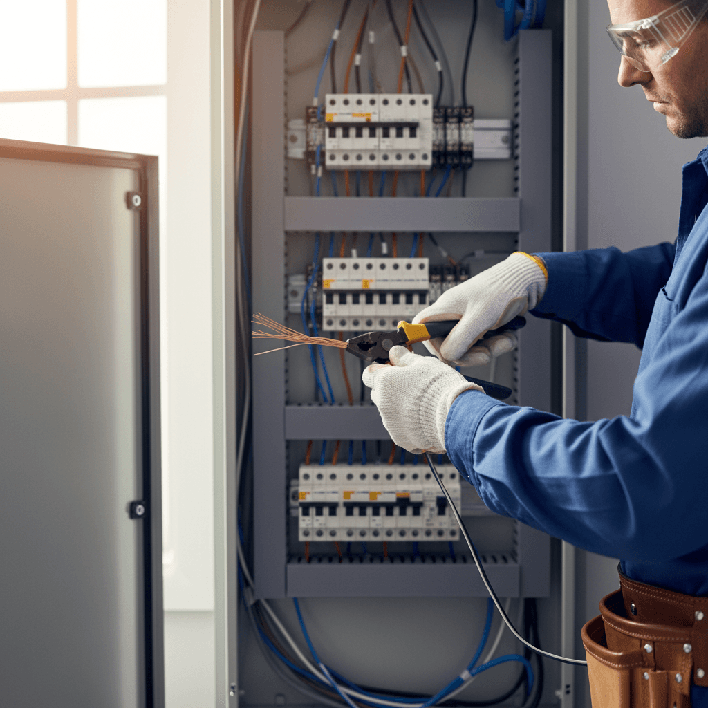 Electrician hands working on a residential electrical panel