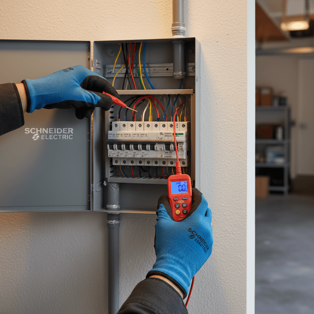 skilled electrician working on residential electrical panel with professional tools