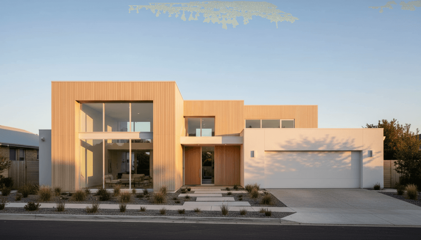 Modern residential home exterior with warm evening lighting and clean architectural details